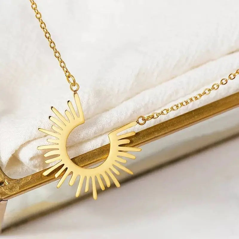 18K Gold Plated Spike Sunburst Pendant Necklace for Women Stainless Steel Gold Plated JettsJewelers