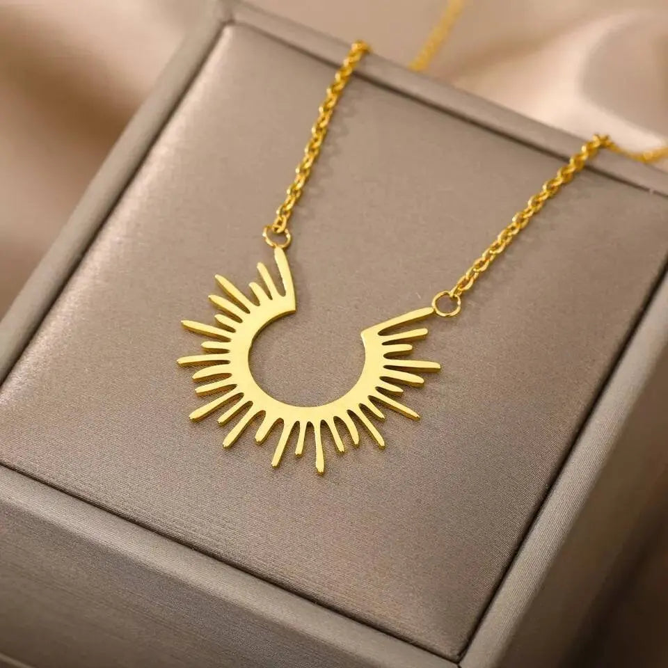 18K Gold Plated Spike Sunburst Pendant Necklace for Women Stainless Steel Gold Plated JettsJewelers