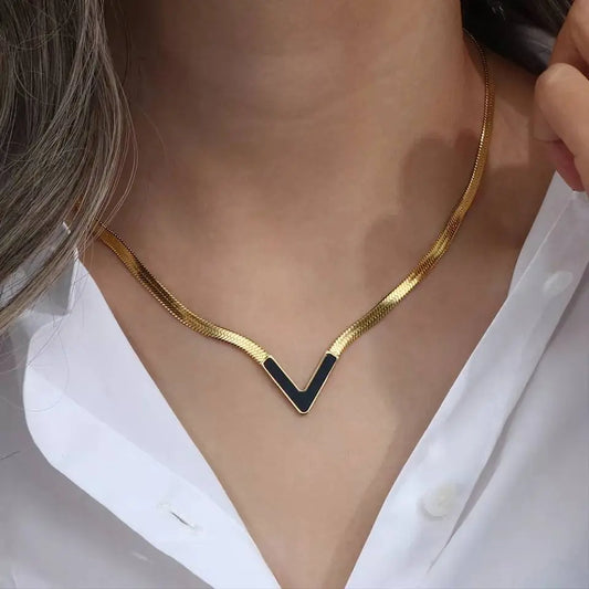 18K Gold Plated V Shape Natural Shell Flat Snake Chain Minimalist Necklace for Women JettsJewelers