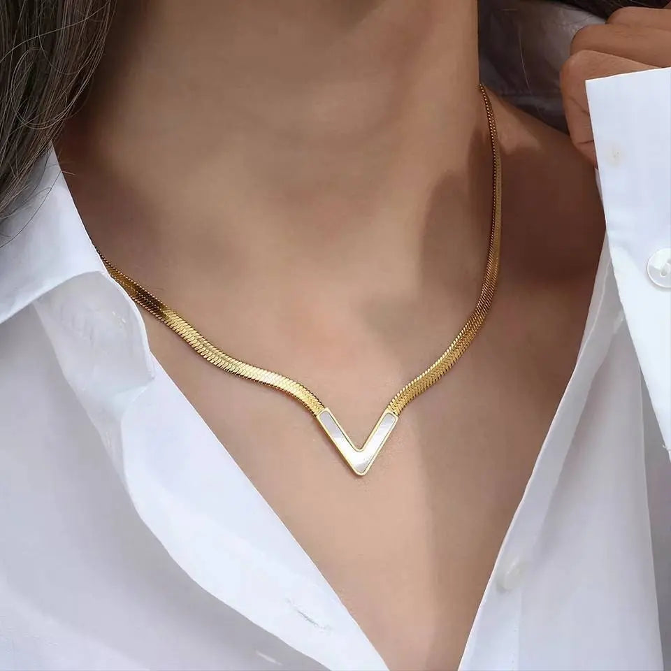 18K Gold Plated V Shape Natural Shell Flat Snake Chain Minimalist Necklace for Women JettsJewelers