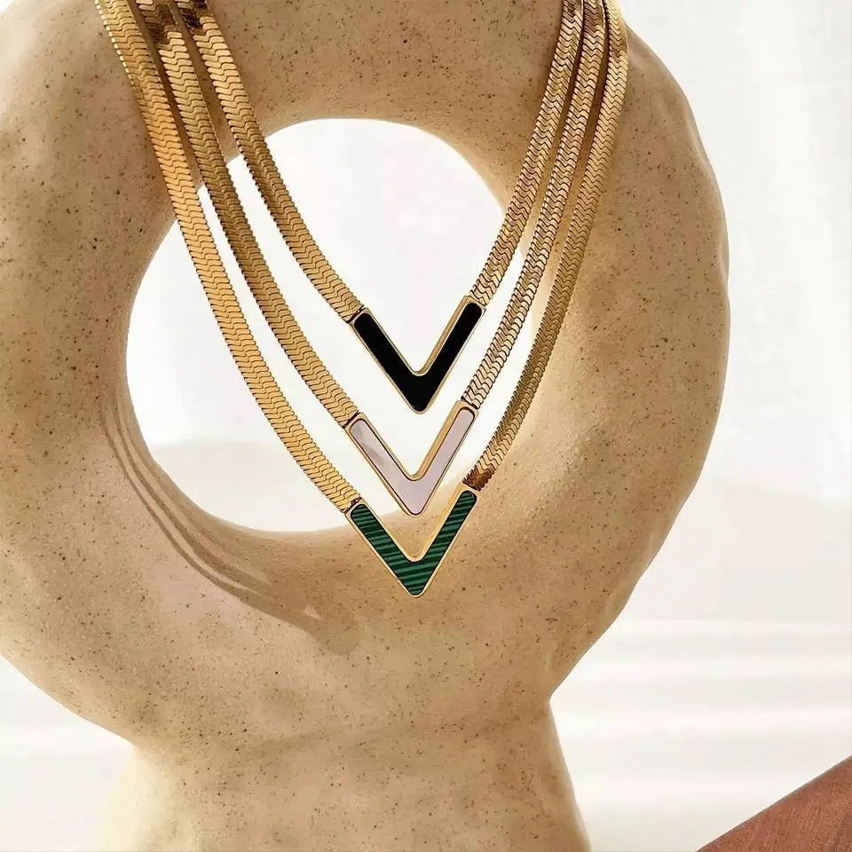 18K Gold Plated V Shape Natural Shell Flat Snake Chain Minimalist Necklace for Women JettsJewelers