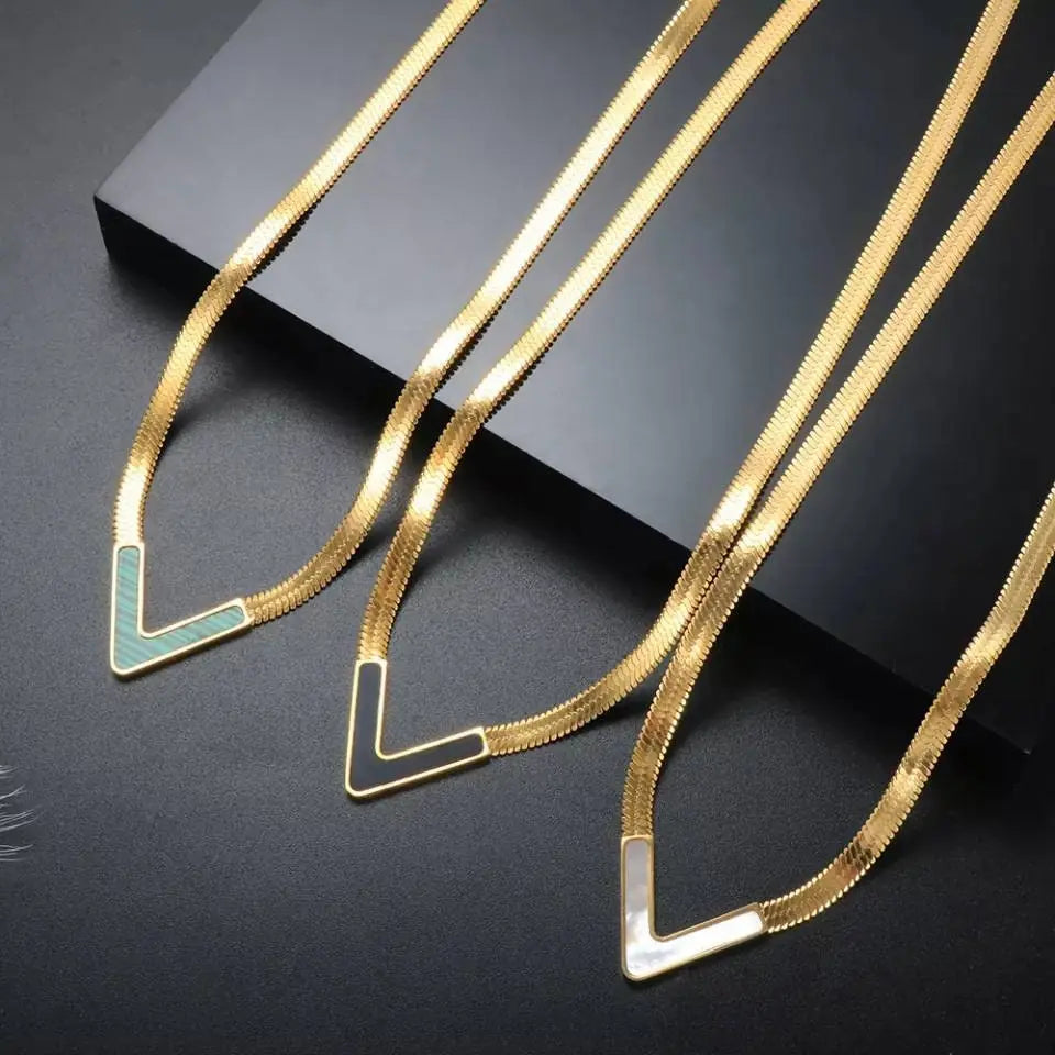 18K Gold Plated V Shape Natural Shell Flat Snake Chain Minimalist Necklace for Women JettsJewelers