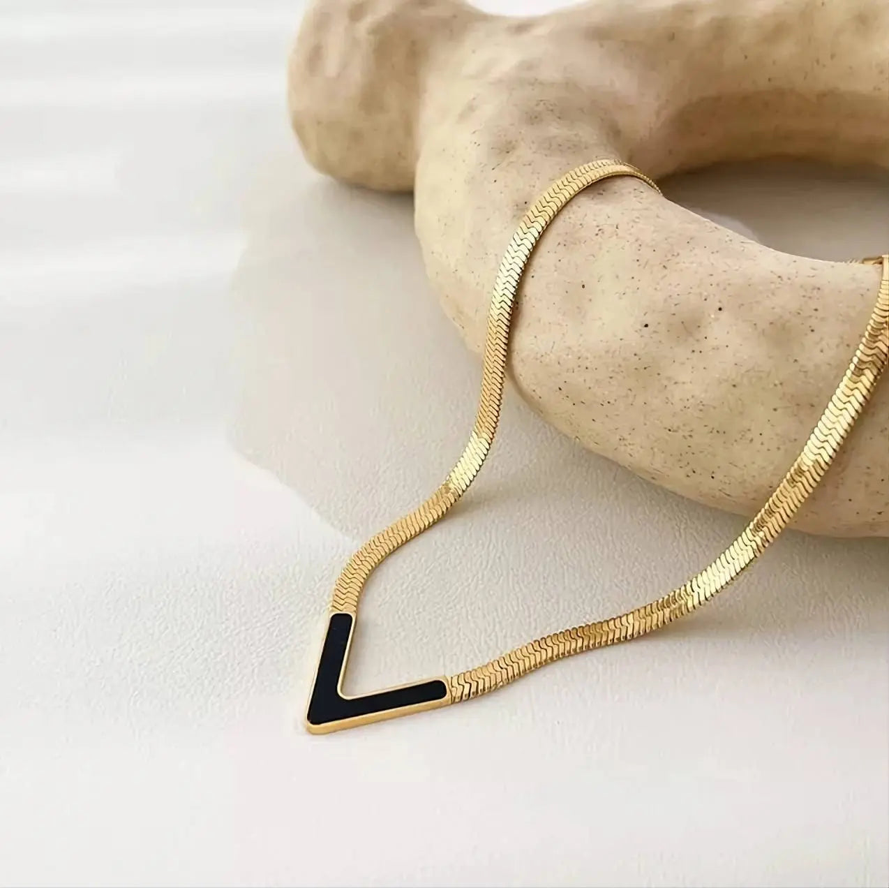 18K Gold Plated V Shape Natural Shell Flat Snake Chain Minimalist Necklace for Women JettsJewelers