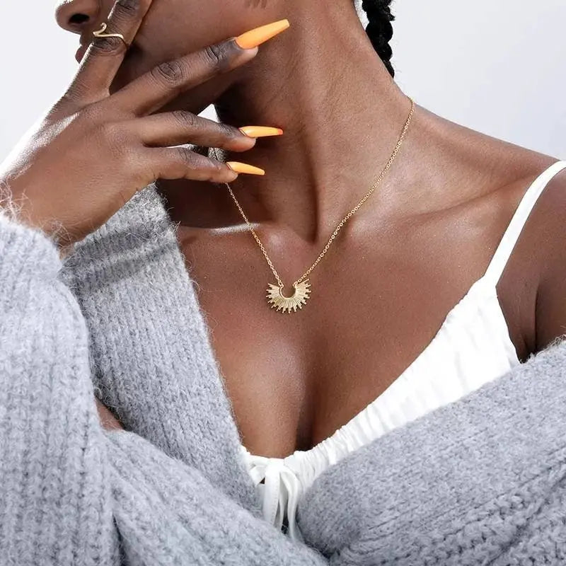 18K Gold Plated Vintage Spike Sunburst Pendant Necklace for Women Stainless Steel Gold Plated JettsJewelers