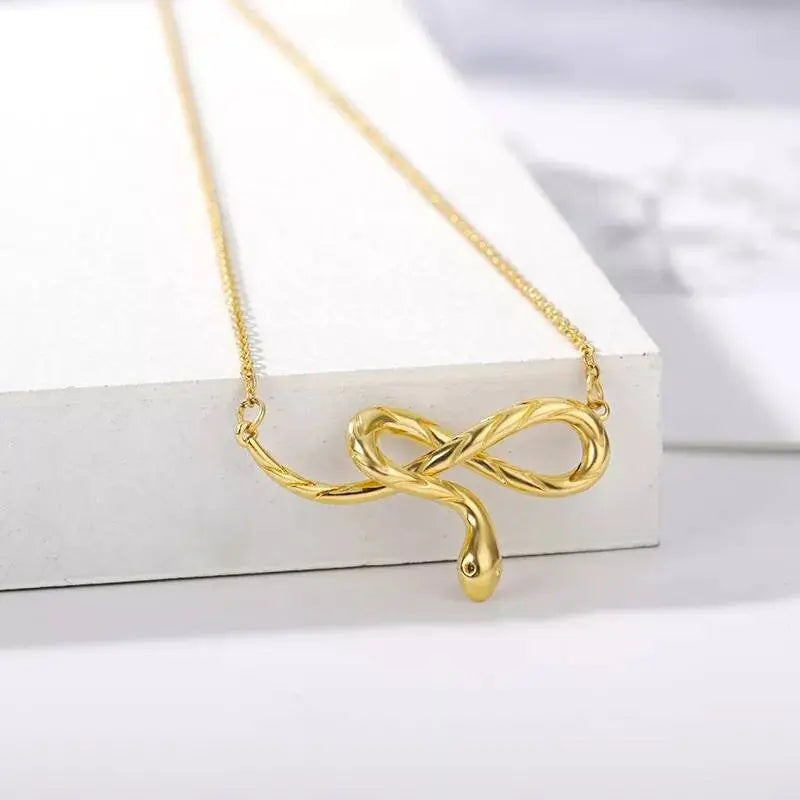 18K Gold Twisted Snake Pendant Necklace for Women Stainless Steel Gold Plated JettsJewelers
