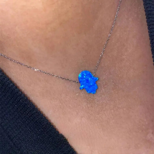 18k Gold Blue Colorful Opal Hamsa Necklace with 18k Solid Gold Chain, White Blue Opal Fatima Hand 18k Gold Necklace for Women Girls Kids JettsJewelers