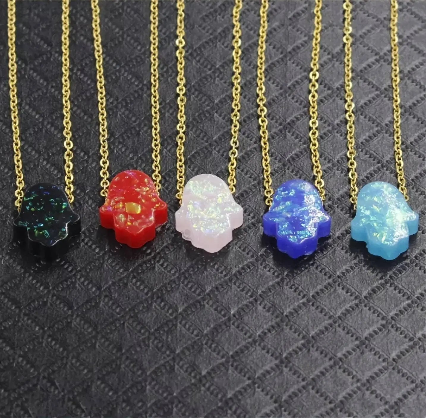 18k Gold Blue Colorful Opal Hamsa Necklace with 18k Solid Gold Chain, White Blue Opal Fatima Hand 18k Gold Necklace for Women Girls Kids JettsJewelers