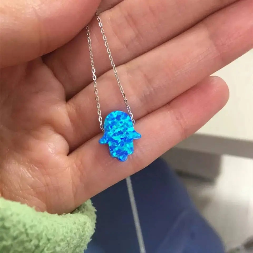18k Gold Blue Colorful Opal Hamsa Necklace with 18k Solid Gold Chain, White Blue Opal Fatima Hand 18k Gold Necklace for Women Girls Kids JettsJewelers