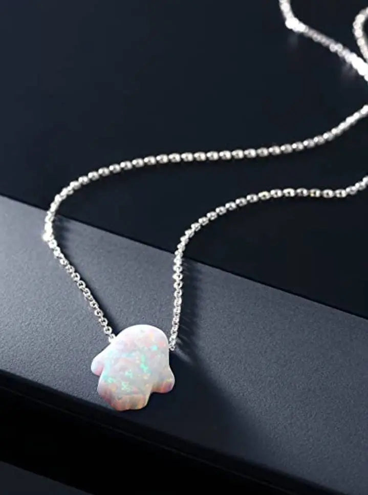 18k Gold Blue Colorful Opal Hamsa Necklace with 18k Solid Gold Chain, White Blue Opal Fatima Hand 18k Gold Necklace for Women Girls Kids JettsJewelers