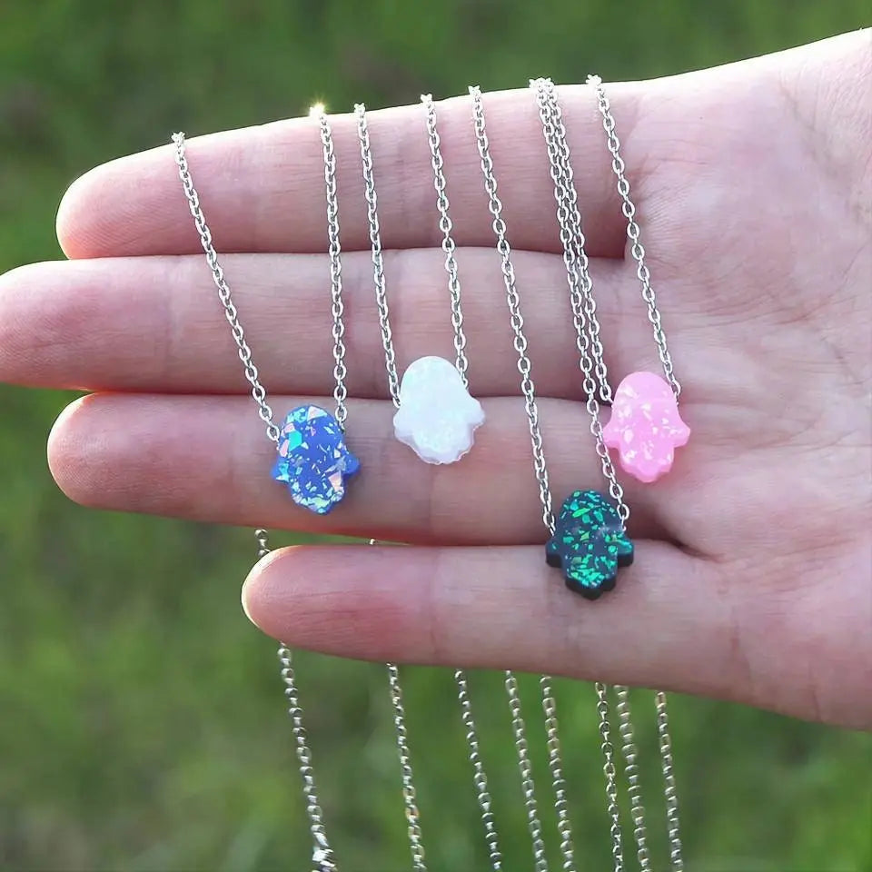 18k Gold Blue Colorful Opal Hamsa Necklace with 18k Solid Gold Chain, White Blue Opal Fatima Hand 18k Gold Necklace for Women Girls Kids JettsJewelers