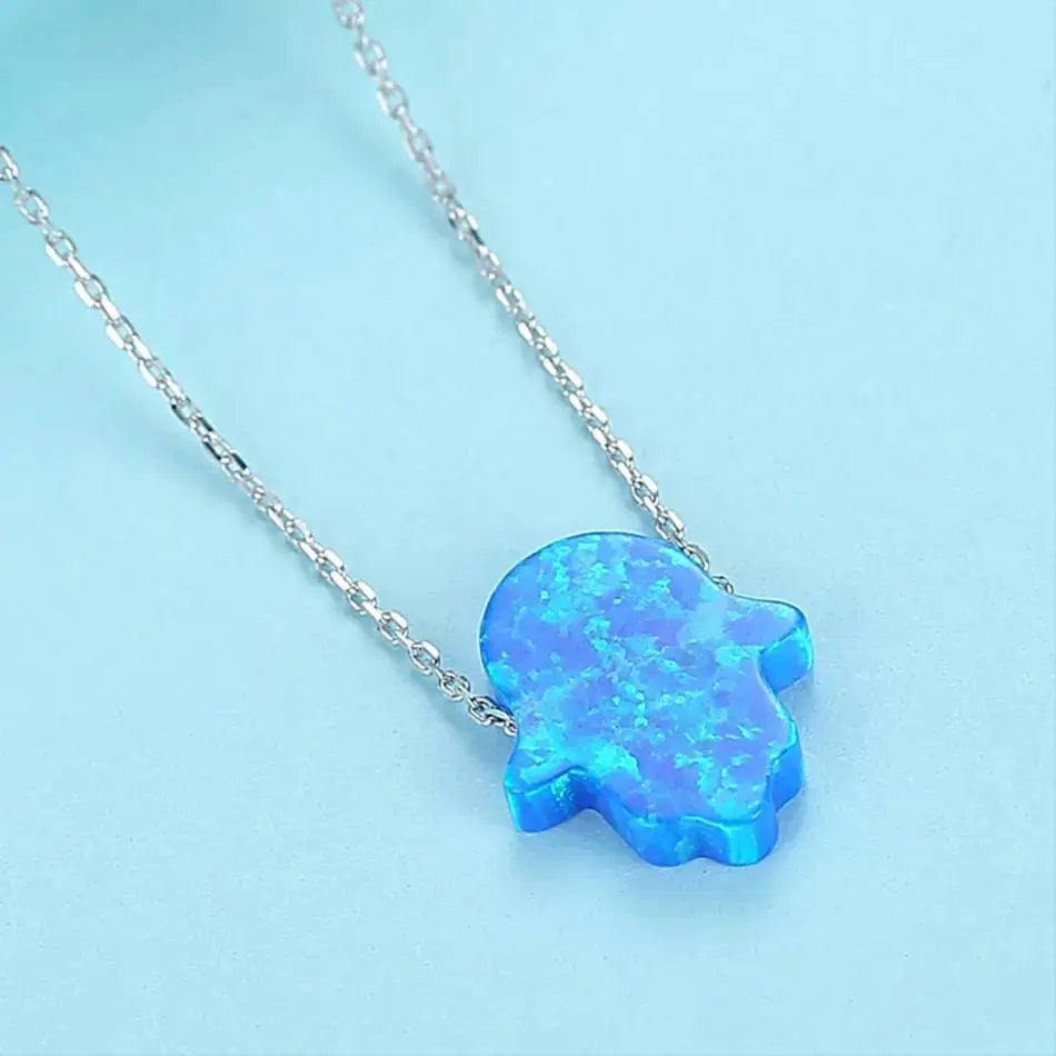 18k Gold Blue Colorful Opal Hamsa Necklace with 18k Solid Gold Chain, White Blue Opal Fatima Hand 18k Gold Necklace for Women Girls Kids JettsJewelers