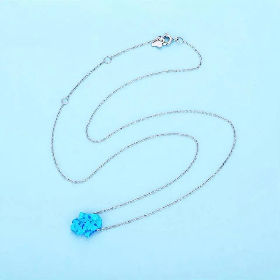 18k Gold Blue Colorful Opal Hamsa Necklace with 18k Solid Gold Chain, White Blue Opal Fatima Hand 18k Gold Necklace for Women Girls Kids JettsJewelers