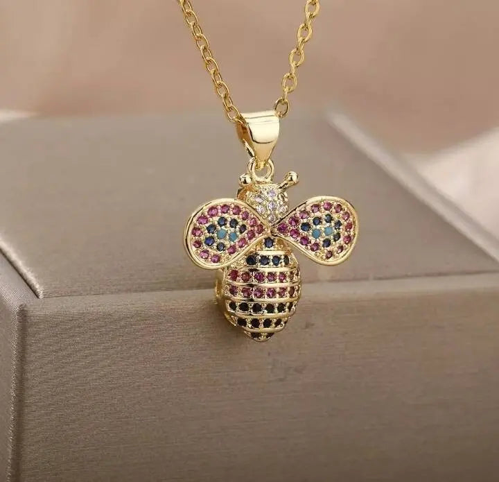 18k Gold Plated Bee Pendant Necklace Colorful Zircon Gems JettsJewelers