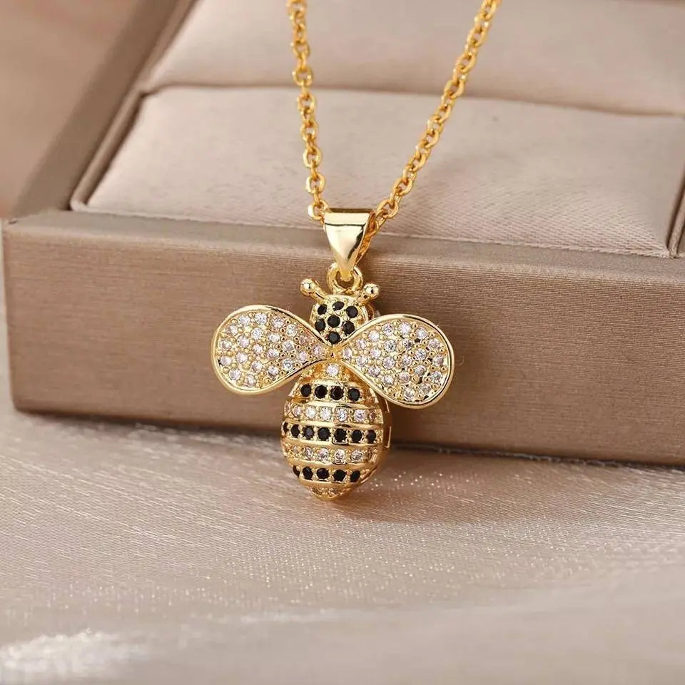18k Gold Plated Bee Pendant Necklace Colorful Zircon Gems JettsJewelers