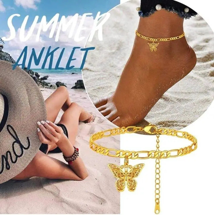 18k Gold Plated Butterfly Ankle Bracelets for Women Boho Beach Tennis Anklets Stainless Steel Layered Adjustable Chain Anklets Foot - JettsJewelers