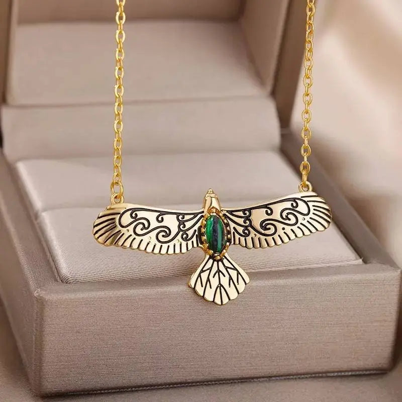18k Gold Plated Eagle Pendant Necklace Green Gems JettsJewelers
