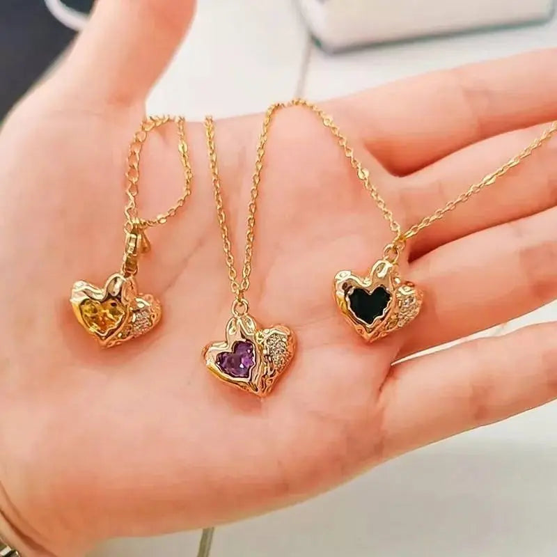 18k Gold Plated Heart Stone Geometric with CZ Necklace JettsJewelers