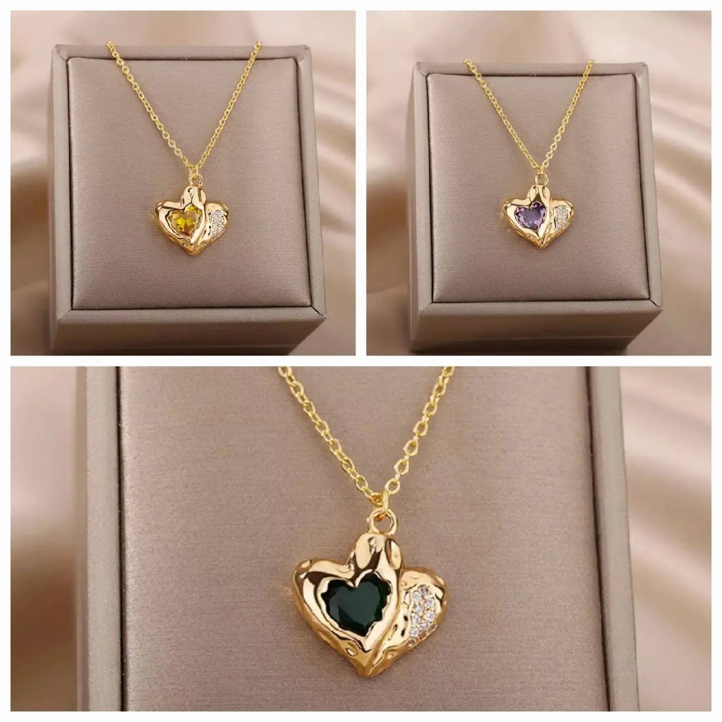 18k Gold Plated Heart Stone Geometric with CZ Necklace JettsJewelers
