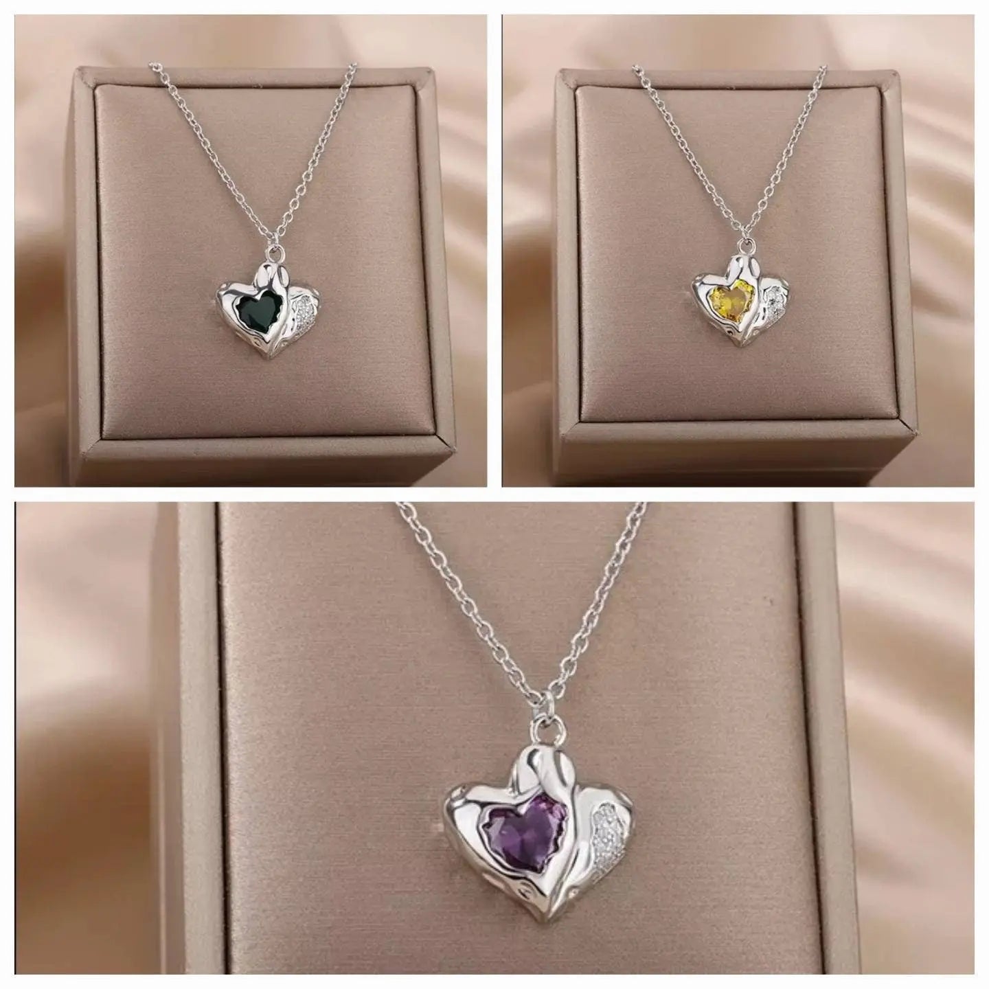 18k Gold Plated Heart Stone Geometric with CZ Necklace JettsJewelers