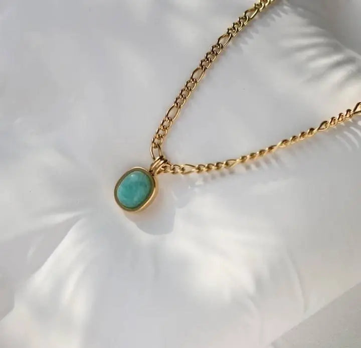 18k Gold Spring Green Amazonite Natural Stone Pendant Necklace (20'' Stainless Steel Chain), Retro Elegant Temperament Style Necklace - JettsJewelers