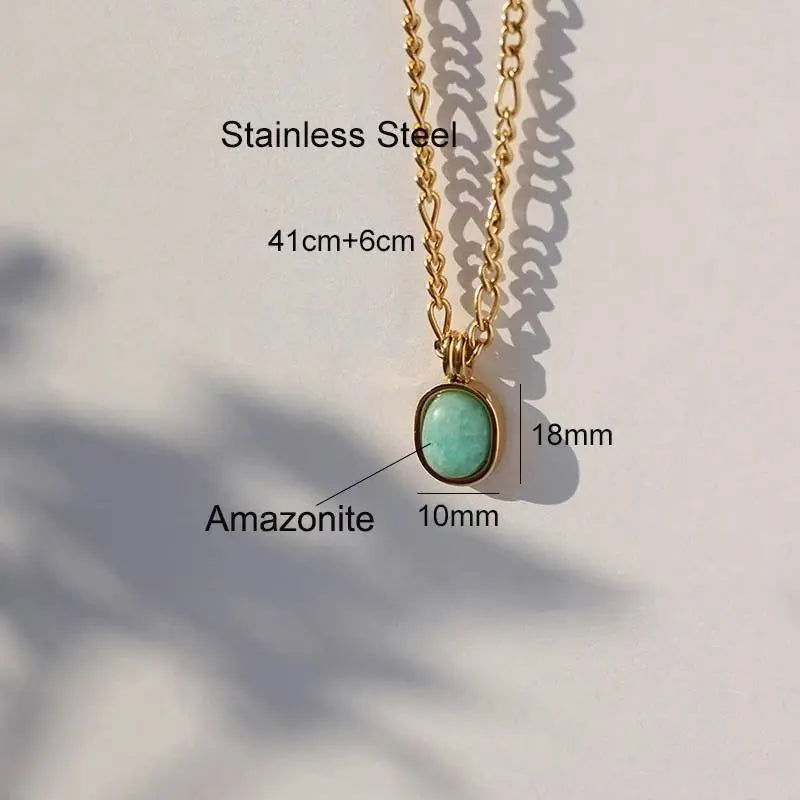 18k Gold Spring Green Amazonite Natural Stone Pendant Necklace (20'' Stainless Steel Chain), Retro Elegant Temperament Style Necklace - JettsJewelers