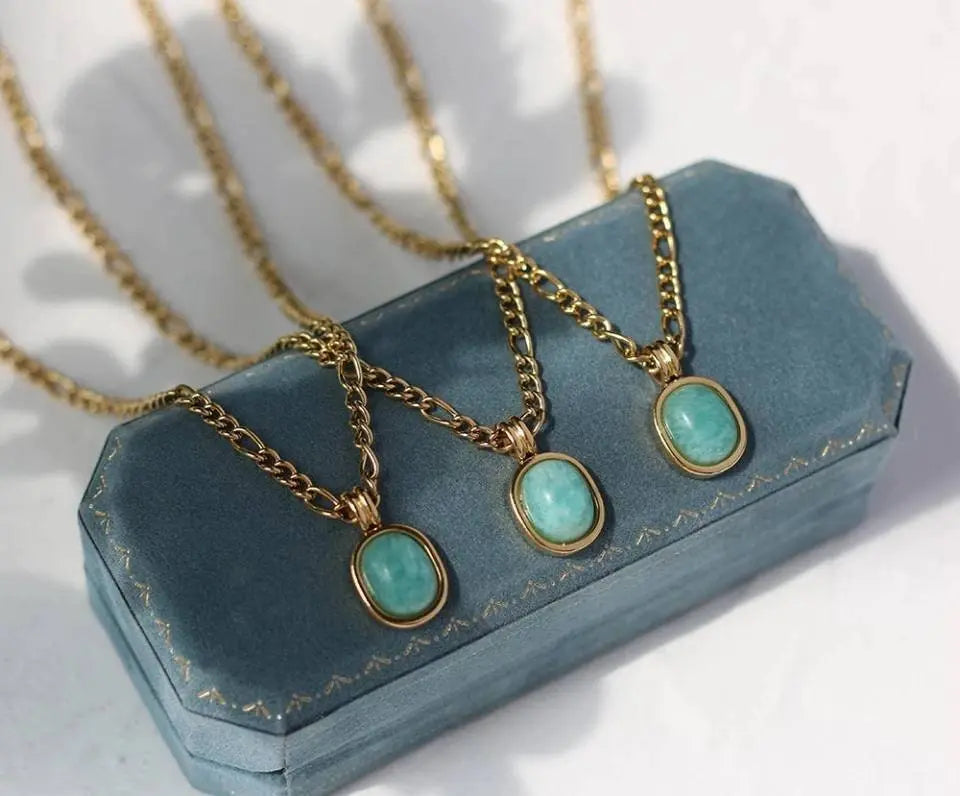 18k Gold Spring Green Amazonite Natural Stone Pendant Necklace (20'' Stainless Steel Chain), Retro Elegant Temperament Style Necklace - JettsJewelers