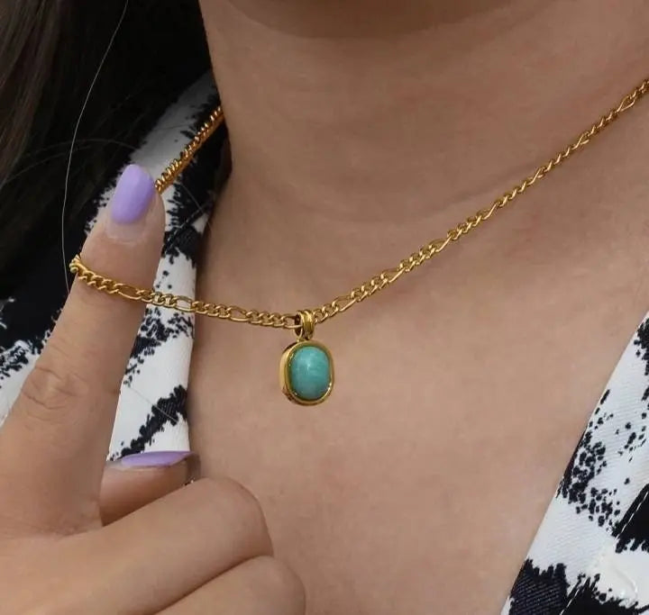 18k Gold Spring Green Amazonite Natural Stone Pendant Necklace (20'' Stainless Steel Chain), Retro Elegant Temperament Style Necklace - JettsJewelers