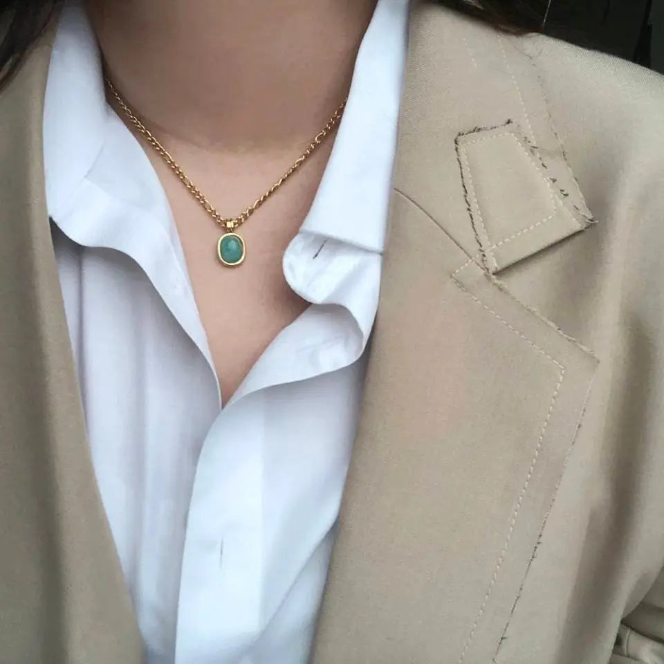 18k Gold Spring Green Amazonite Natural Stone Pendant Necklace (20'' Stainless Steel Chain), Retro Elegant Temperament Style Necklace - JettsJewelers