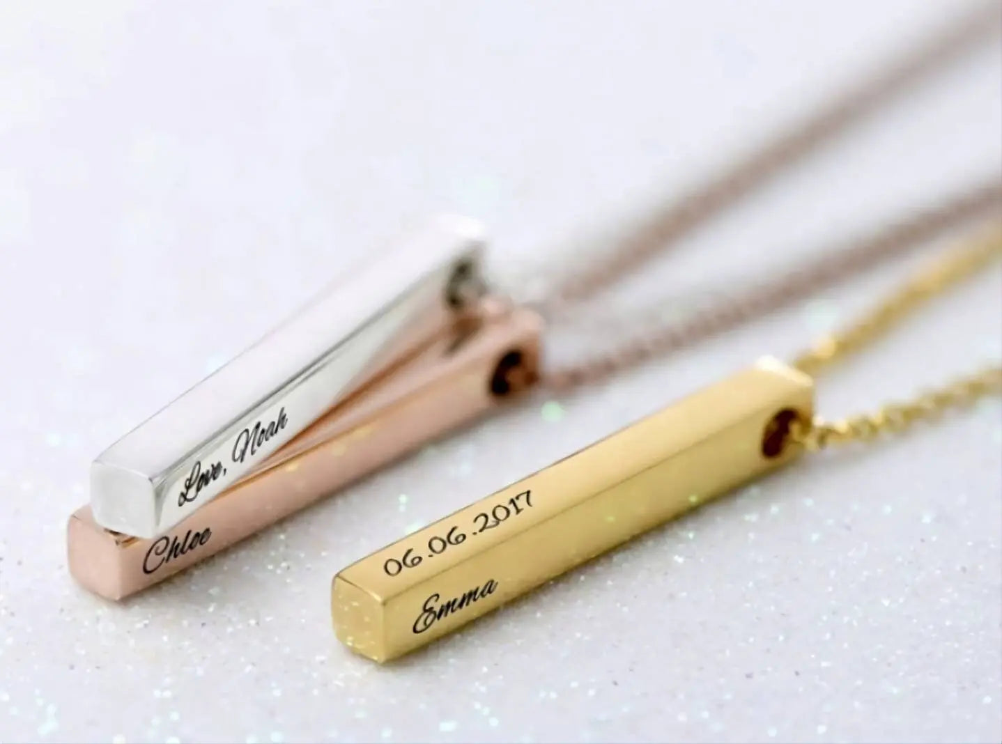 18k Plated Gold 3D Bar Necklace, 4 Sided Vertical Cube Bar, Gold Bar Jewelry, 4 Sides Family Kids Names Engraved Memorial Bar Necklace JettsJewelers