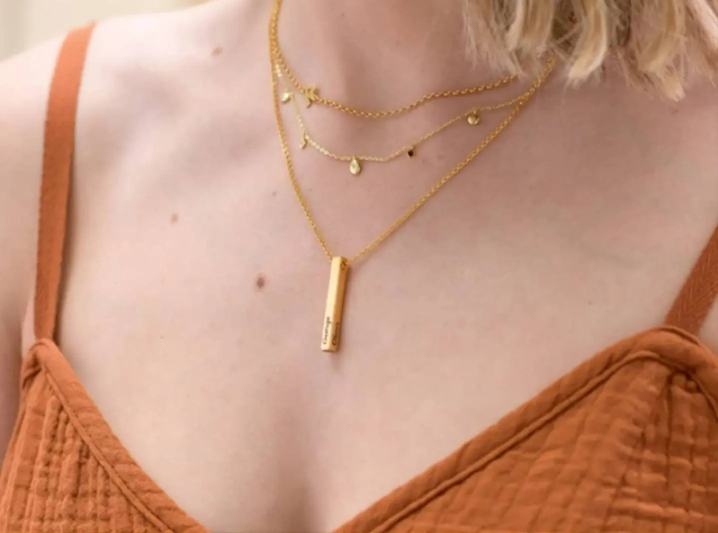 18k Plated Gold 3D Bar Necklace, 4 Sided Vertical Cube Bar, Gold Bar Jewelry, 4 Sides Family Kids Names Engraved Memorial Bar Necklace JettsJewelers