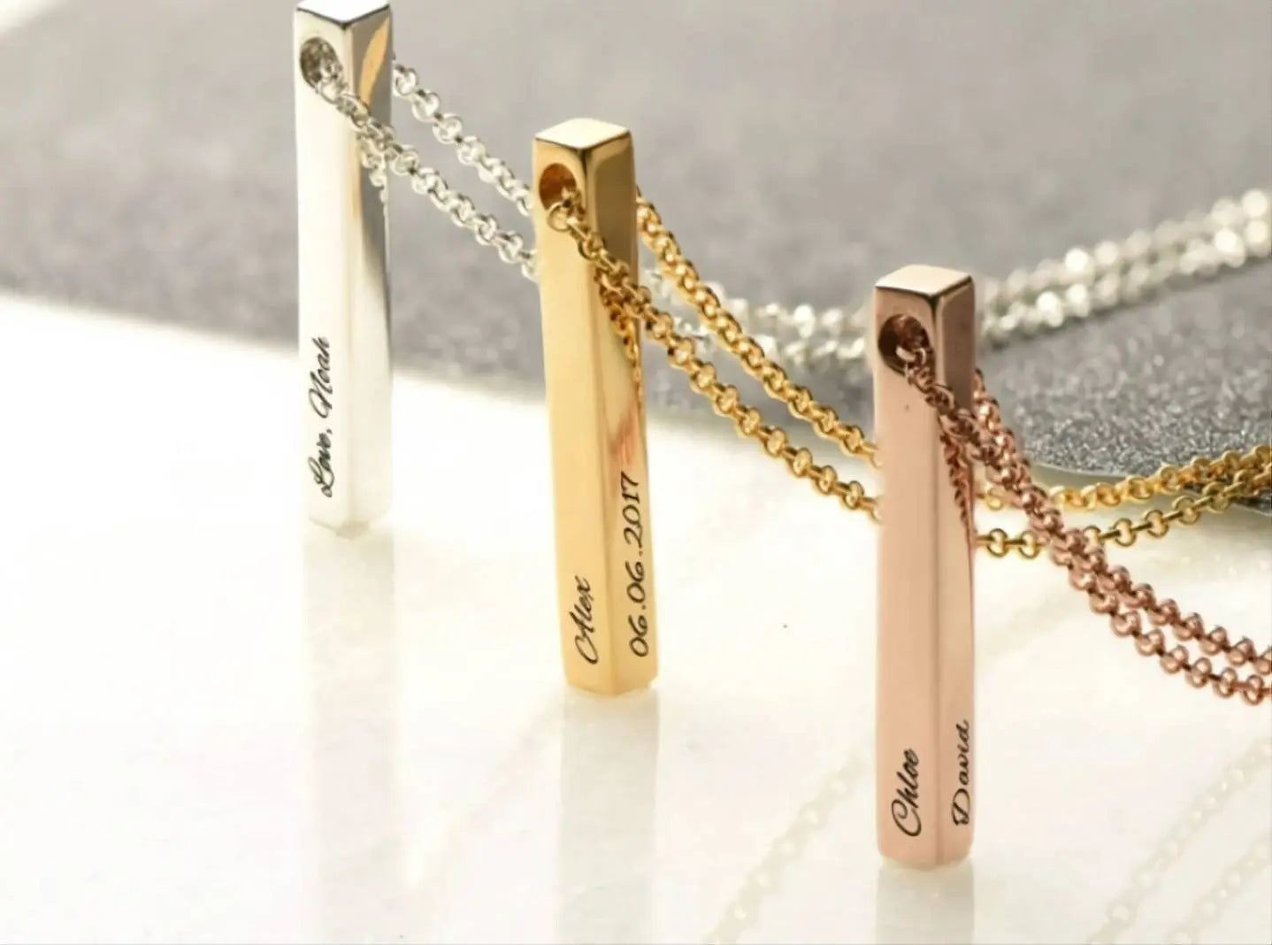 18k Plated Gold 3D Bar Necklace, 4 Sided Vertical Cube Bar, Gold Bar Jewelry, 4 Sides Family Kids Names Engraved Memorial Bar Necklace JettsJewelers
