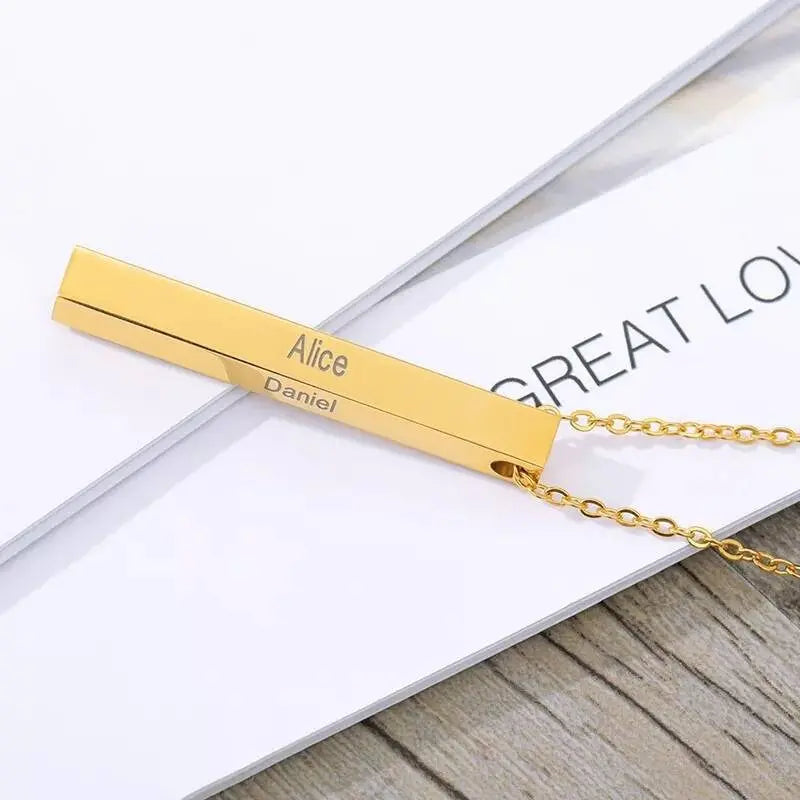 18k Plated Gold 3D Bar Necklace, 4 Sided Vertical Cube Bar, Gold Bar Jewelry, 4 Sides Family Kids Names Engraved Memorial Bar Necklace JettsJewelers