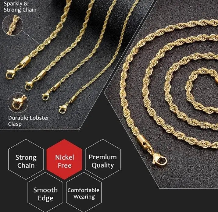 18k Real Gold Plated Rope Chain 2.5mm 5mm Stainless Steel Men Chain Necklace Women Chains Silver - JettsJewelers