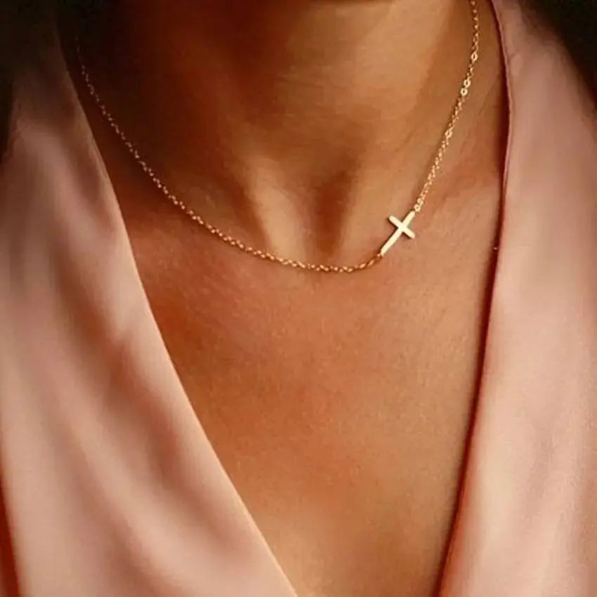 18k Yellow Gold Silver Plated Sideways Cross Necklace JettsJewelers