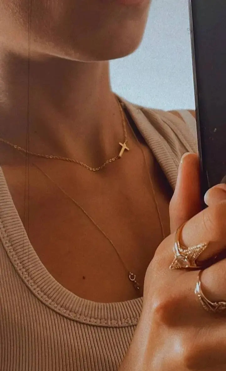 18k Yellow Gold Silver Plated Sideways Cross Necklace JettsJewelers