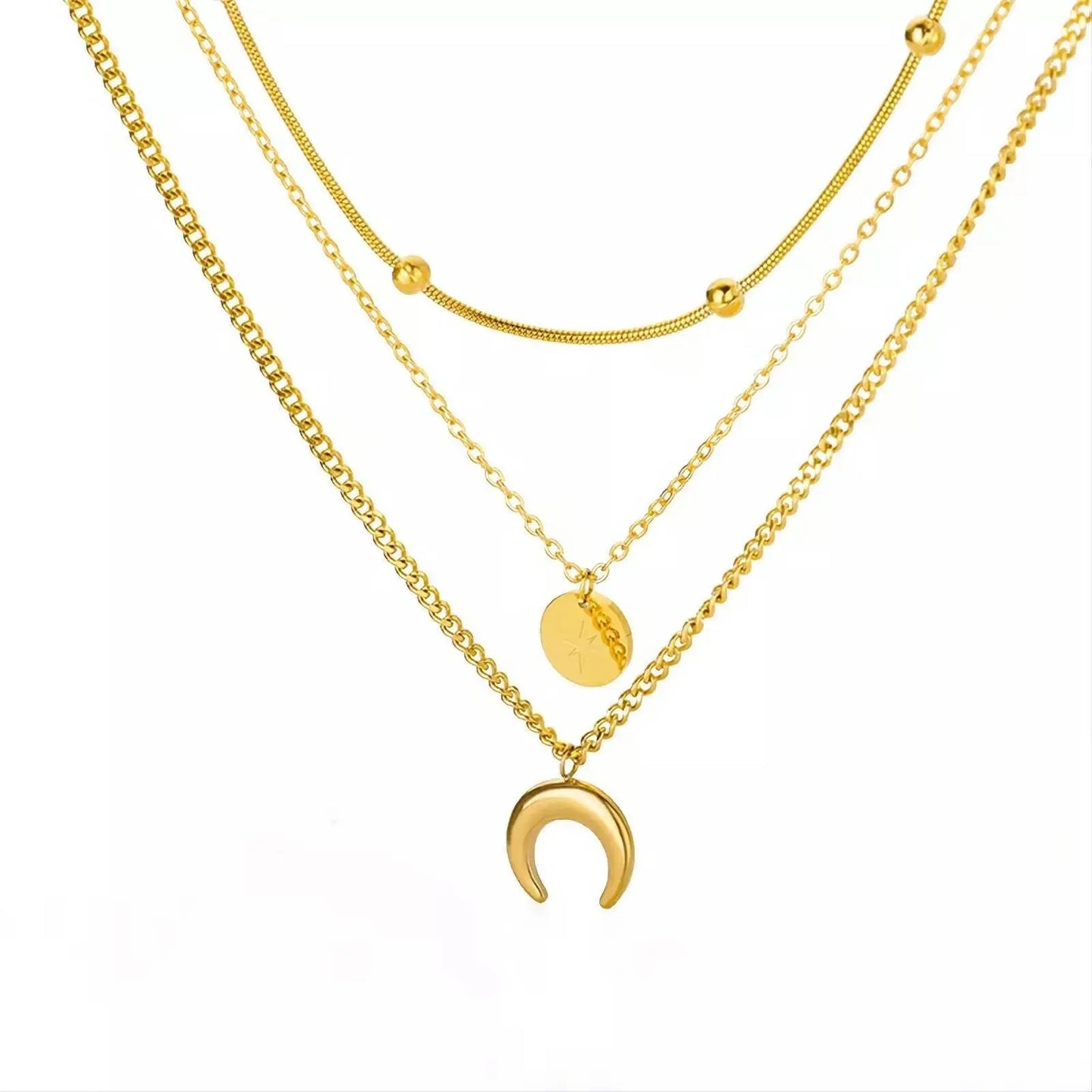 18k Yellow Gold Triple Layered Star and Moon Necklace Choker JettsJewelers