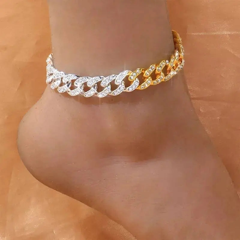 2 Color Slicing Cuban Chain Ankle Bracelets for Women Girls, Crystal Tennis Anklet Bracelet Multi-Row Love Ankle Foot Jewelry Hip Hop Party - JettsJewelers