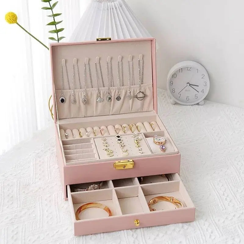 2 Layered Jewelry box for Woman Layer Large Jewelry Storage Case, PU Leather Jewellery Organizer Holder with Lock Removable Ring JettsJewelers