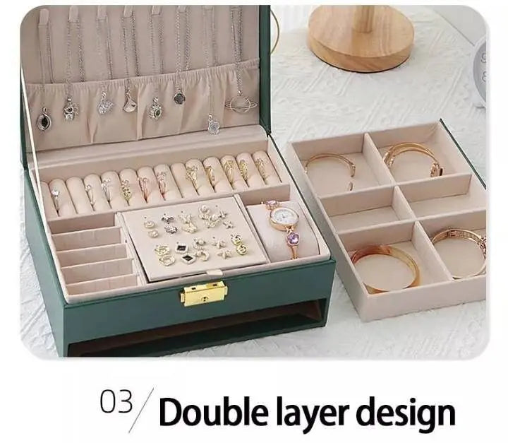 2 Layered Jewelry box for Woman Layer Large Jewelry Storage Case, PU Leather Jewellery Organizer Holder with Lock Removable Ring JettsJewelers