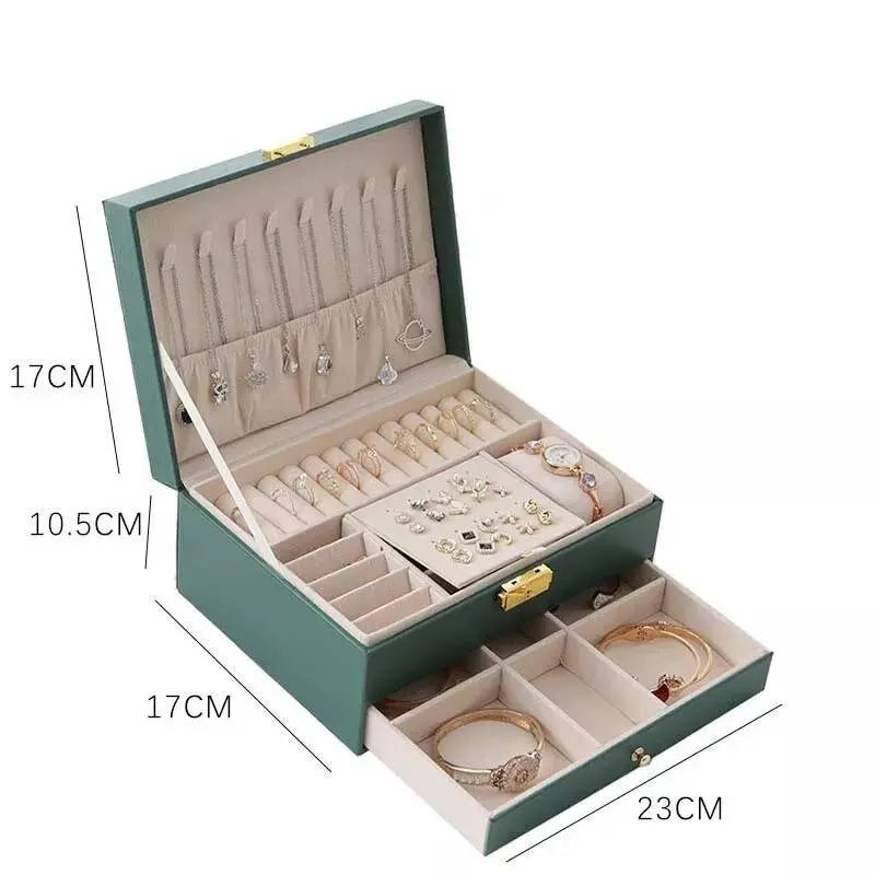2 Layered Jewelry box for Woman Layer Large Jewelry Storage Case, PU Leather Jewellery Organizer Holder with Lock Removable Ring JettsJewelers