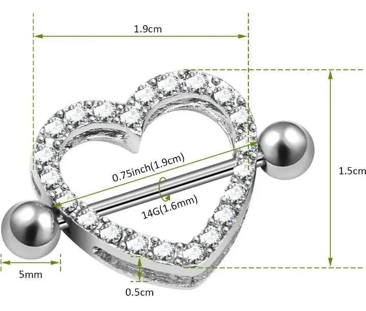 2 Pcs Crystal Heart Nipple Rings 316L Stainless Steel Heart Nipple Rings Double Layer Heart Nipple Rings Personality Body 14GA 7/8" Length JettsJewelers