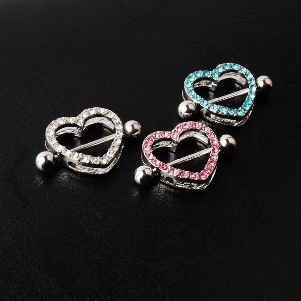 2 Pcs Crystal Heart Nipple Rings 316L Stainless Steel Heart Nipple Rings Double Layer Heart Nipple Rings Personality Body 14GA 7/8" Length JettsJewelers