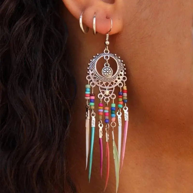 2 pairs Gold and Silver Bohemian Earrings Set Tree of Life Feather Tassel Silver Ethnic Retro Boho Hippie Gypsy Dangle Earring Bead Women - JettsJewelers
