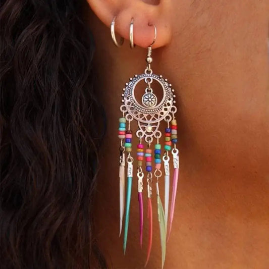 2 pairs Gold and Silver Bohemian Earrings Set Tree of Life Feather Tassel Silver Ethnic Retro Boho Hippie Gypsy Dangle Earring Bead Women - JettsJewelers