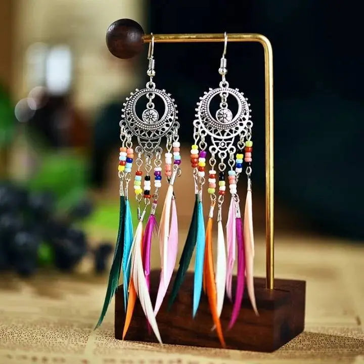 2 pairs Gold and Silver Bohemian Earrings Set Tree of Life Feather Tassel Silver Ethnic Retro Boho Hippie Gypsy Dangle Earring Bead Women - JettsJewelers