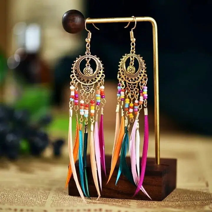 2 pairs Gold and Silver Bohemian Earrings Set Tree of Life Feather Tassel Silver Ethnic Retro Boho Hippie Gypsy Dangle Earring Bead Women - JettsJewelers