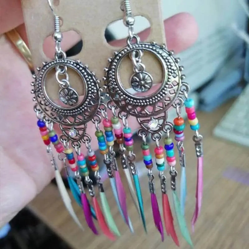 2 pairs Gold and Silver Bohemian Earrings Set Tree of Life Feather Tassel Silver Ethnic Retro Boho Hippie Gypsy Dangle Earring Bead Women - JettsJewelers