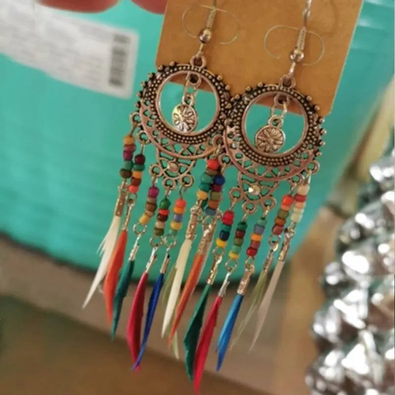 2 pairs Gold and Silver Bohemian Earrings Set Tree of Life Feather Tassel Silver Ethnic Retro Boho Hippie Gypsy Dangle Earring Bead Women - JettsJewelers