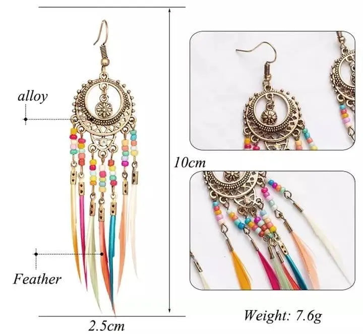 2 pairs Gold and Silver Bohemian Earrings Set Tree of Life Feather Tassel Silver Ethnic Retro Boho Hippie Gypsy Dangle Earring Bead Women - JettsJewelers
