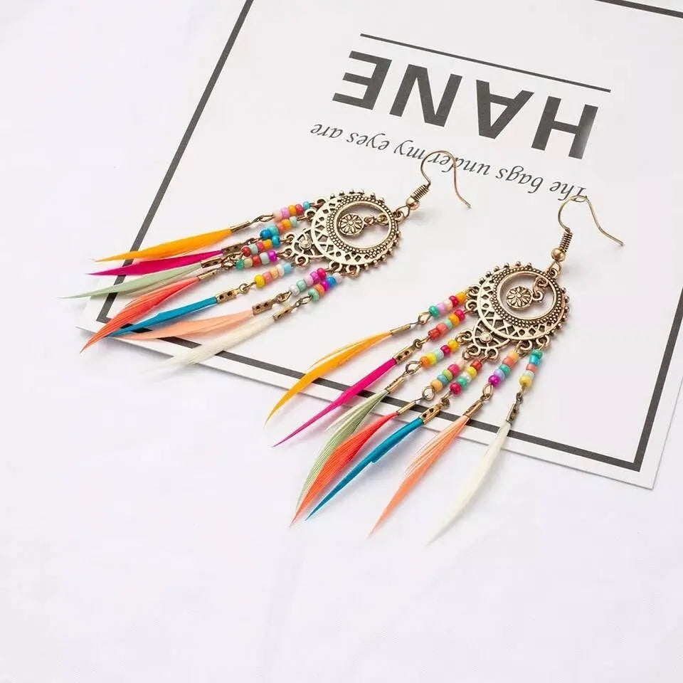 2 pairs Gold and Silver Bohemian Earrings Set Tree of Life Feather Tassel Silver Ethnic Retro Boho Hippie Gypsy Dangle Earring Bead Women - JettsJewelers